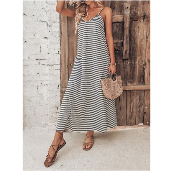Loose Fitting Striped Cami Dress Maxi Long Flared V-Neck White Grey - Picture 5 of 9